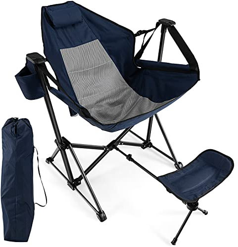 COSTWAY Chaise de Camping Pliante Inclinable avec Repose-Pieds Rétractable, Oreiller de Tête Sac de Transport Porte-gobelet pour Pêche, Barbecue,Pique-Nique (Marine)