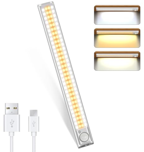 DFGOTOP Reglette 120 Led Cuisine Rechargeable USB, 30CM Lampe de Placard Led Detecteur Mouvement, Eclairage Bande Armoire sous Meuble Sans Fil, Lumiere 3 Couleurs 4 Modes