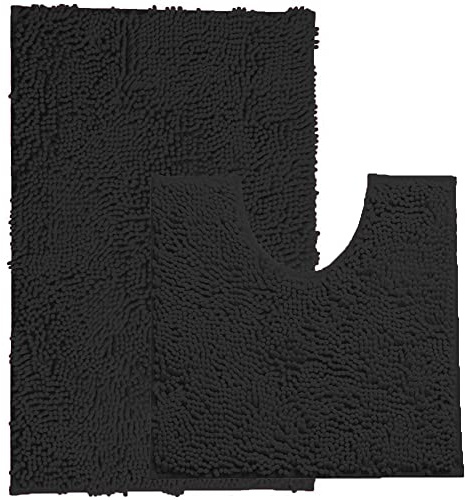 Pinkfairy Luxury Loop Chenille Bath Mat Sets - 2 Piece for Bathroom | Slip-Resistant Bath Mats Rugs, Extra Soft and Absorbent Anti Slip Shower & Bathtub Rug Sets (Black)