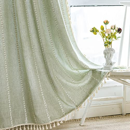 Salbeigrün Boho Bauernhaus-Vorhänge für Schlafzimmer und Wohnzimmer, 213 cm lang, 2 Paneele aus Baumwoll-Leinen, Fenstervorhänge mit böhmischen Quasten, 139,7 x 213,4 cm (B x L)