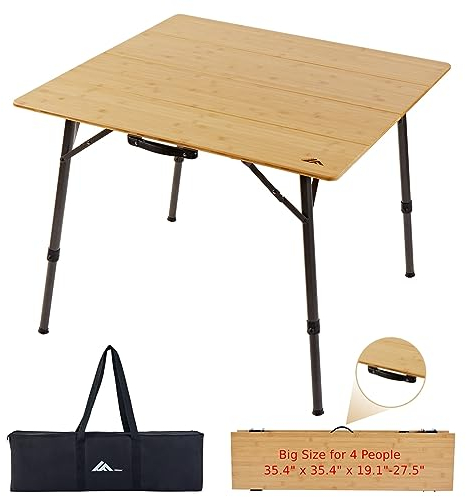 Ablazer Campingtisch Bambus Klapptisch mit Griff, Höhenverstellbar Tragbarer Tisch für Camping, Picknick, Outdoor und Indoor, 4-Falz Natürliche Bambusplatte (1-4 Personen)