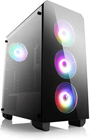 Gaming PC-Gehäuse THESEUS - Midi-Tower, RGB Beleuchtung (inkl. Steuerung), Glas-Seitenteil, Glas-Front, vormontierte Lüfter, ATX, Micro-ATX, Mini-ITX, schwarz