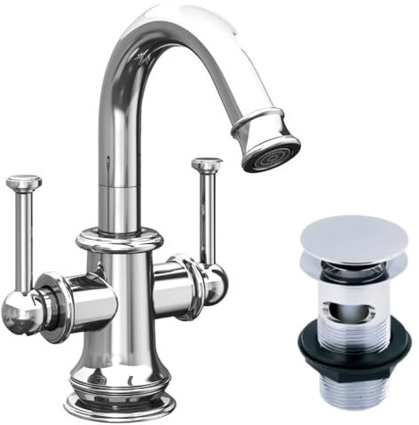 Spoutford Chrome Basin Mono Mixer Tap Dual Lever Sink Taps for Bathroom Sink or Small Kitchen High-Pressure Polished Finish Tap with Pop-Up Waste Sink Plug