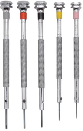 KD89 Horotec MSA01.095 - Set di 5 cacciaviti per orologiaio, in ottone cromato con punte standard, Ø 0,60-0,80-1,00-1,20-1,40 mm