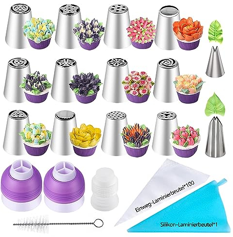 Mafagwre 119 Stück Spritztüllen Set Edelstahl mit 100 Spritzbeuteln, Russische Spritztüllen Set Sahnespender, Kuchendekorations-Set, DIY-Backwerkzeug-Set Für Kuchen, Muffin, Cupcakes Dekoration