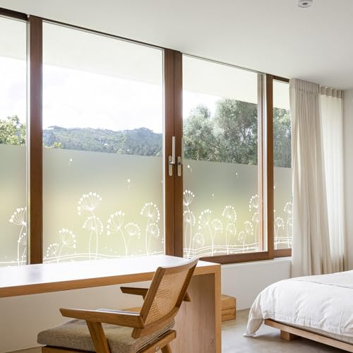 dktie Fensterfolie Blickdicht Sichtschutzfolie Fenster Milchglasfolie Löwenzahn-Muster Statische Aufkleber ohne Klebstoff Wiederverwendbar Geeignet für Wohnzimmer, Schlafzimmer 44.5x200cm, (03-2)