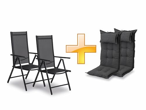 sunnypillow 2er Set Gartenstühle und Gartenstuhlauflagen Hochlehner | 120x50x9 cm Hochlehner Auflage wasserdicht UV-lichtecht | Klappstuhl für Garten Polsterauflagen Stuhlauflage | Anthrazit