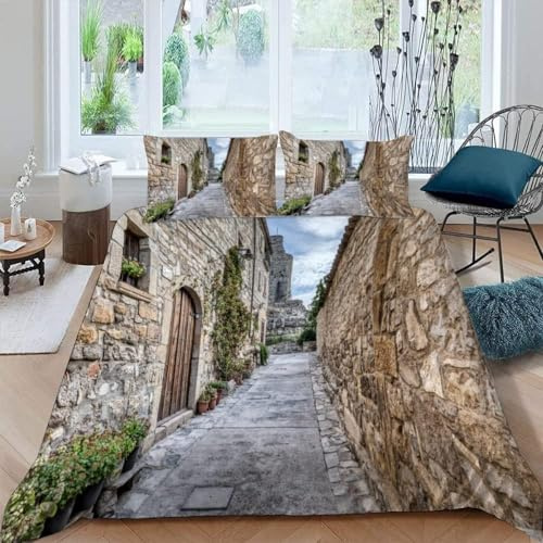 Tizhweqo Italien Bettwäsche 135x200 Retro Bettwäsche Set Weiche Mikrofaser 3D Druck Italienische Straße Bettbezug Set mit Reißverschluss Bettbezüge und 2 Kissenbezug 80x80 cm C793