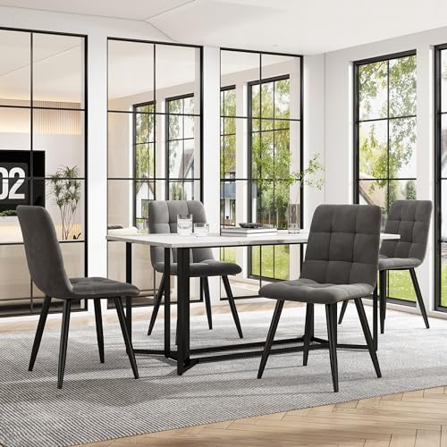 KUAKE Essgruppe (5-TLG),Esstisch mit 4 Samt Esszimmerstühle Set, Moderner Küchentisch Set, 140×80cm Küchentisch mit Schwarz Metallbeinen,Weißer MDF-Desktop (Dunkelgrau-A)