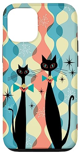 Coole Katzen im Retro-Stil aus der Mitte des Jahrhunderts auf Rosa und Blau Hülle für iPhone 15