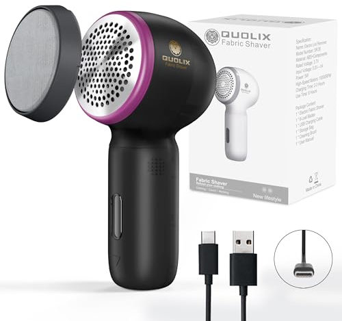 【Upgraded】 Quolix Fabric Shaver, Lint Remover with 67mm Mesh, 6-Leaf Blades, Long Battery Life,Lint Brush Cover, Depiller for Removing Fuzz and Pill from Clothes Couch Furniture, Rechargeable(Black)