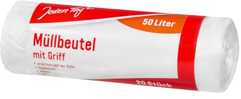 Jeden Tag Müllbeutel mit Griff 50L | 60 x 72 cm | praktisch auf der Rolle 20 Stück, extra reißfest und flüssigkeitsdicht, einfach zu verknoten, ideal für Küche und Haushalt (50L, 1er Pack)