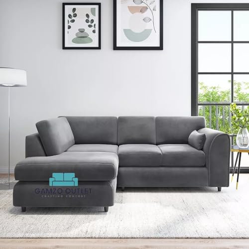 Unique Luxurious Durable Left-Hand Corner Full Back Sofa Plush Velvet Comfy Home Interior Furniture for Spacious & Modern Designer Living Room Bedroom, balcony (Dark Grey, Left Hand Corner)