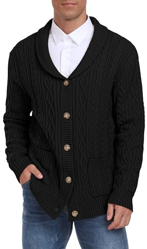 Hisir Mens Cardigans Shawl Knit V-Neck Classic Long Sleeve Casual Cardigan Buttons Sweater with Pockets (Black, M)