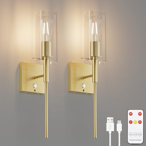 K-Bright 2PCS 6000mAh Lámpara de Pared de la Batería con Pantalla de Cristal, Regulable, Aplique de Pared Interior Sin Cable con Mando a Distancia, para Dormitorio, Cuarto de Salón (Dorado)