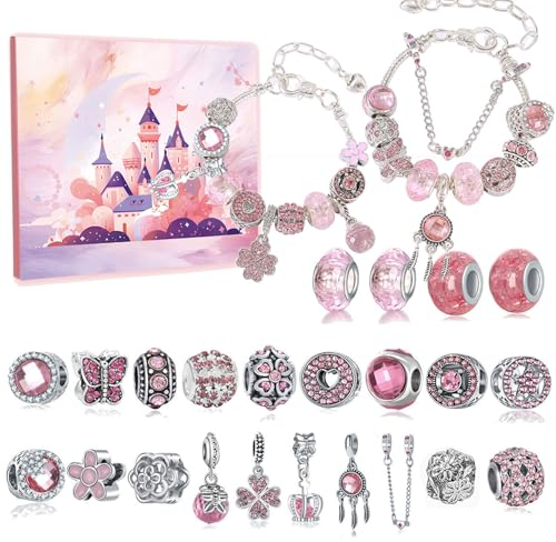 Adventskalender 2024 Kinder Mädchen, Weihnachtskalender Schmuck, 24 Tage Weihnachts-Countdown-Kalender DIY-Schmuck machen Kit, Charm Armband Kit Geschenk Mädchen 5-12 Jahre (G)