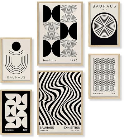 Heimlich® 6er Poster Set mit Bilderrahmen Holz Eiche | Bauhaus Minimalistische Kunst Bilder Wohnzimmer | Geometrische Muster | Poster & Kunstdrucke Schwarz Weiß | 2X A3 (30x42 cm) & 4X A4 (21x30 cm)