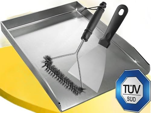 valuents® Grillplatte - Plancha Grill Platte aus dickem & rostfreiem Edelstahl – 25 x 35 cm – für BBQ Gasgrill & Kohlegrill geeignet +PLUS: Bürste & Grillspachtel