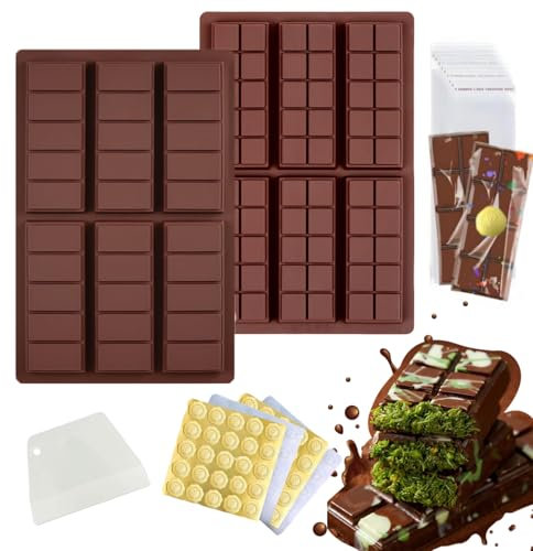 APKOL 2 Stück Schokoladenformen Silikon Tief mit 6 Mulden, silikonform Dubai schokolade Form, Antihaftbeschichtete DIY Schokoladentafel Form mit 100 Aufkleber+100 Beuteln und 1 Schaber