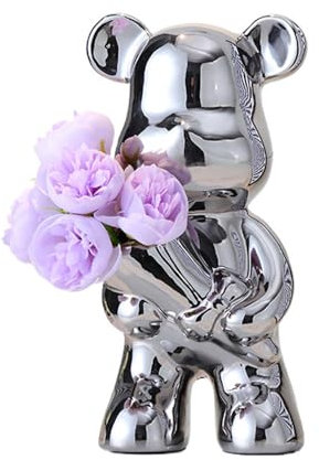 Hosoncovy Keramik Bär Skulptur Ornament Halten Blume Bär Statue Figur Dekor Innendekoration Raum Dekor Bär Vase für Wohnzimmer, Büro Desktop, Regal (Silber)