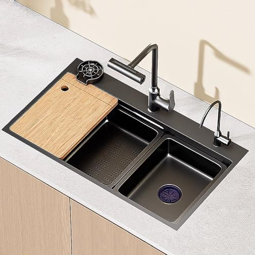 Évier noir, évier de cuisine encastrable Deep 21cm, évier de cuisine sous plan 80x45cm évier de cuisine monocuve en acier inoxydable 304 avec planche à découper, robinet, rondelle à tasse(60*45cm/23.6