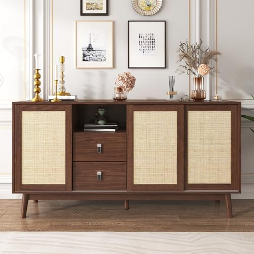 boorbin Aparador con 3 puertas correderas de ratán auténtico y 2 cajones, transpirable, estable y versátil, 155 x 38 x 80 cm (madera oscura)