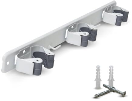 Parence.- Soporte de pared triple atornillable para escoba y accesorios - Gancho escoba 3 soportes + 2 ganchos - 37cm