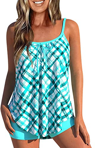 Tankini Maillot De Bain Femme 2 Pieces Grande Taille Tankini Shorty Ronde Amincissant Maillot De Bain Taille Haute Ensemble avec Armature Bikini Ete Marque Pas Cher Swimwear(Bleu,5XL)