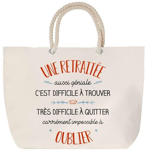Sac de plage avec anse corde Une Retraitée aussi géniale | Toile de Coton Cadeau Départ Retraite Femme Grand Sac de Transport & Sport