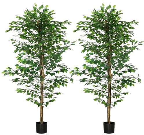 HOMCOM Lot de 2 Plantes artificielles Arbres artificiels ficus Hauteur 1,80 m Tronc Branches Liane Lichen Feuilles Grand réalisme Pot Inclus, intérieur, Vert