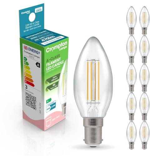 Crompton Lamps LED Ultra-Efficient Candle 2.2W SBC-B15d A-Class (10 Pack) (40W Equivalent) 3000K Warm White Clear 470lm SBC Small Bayonet B15 A-Rated Multipack Light Bulbs