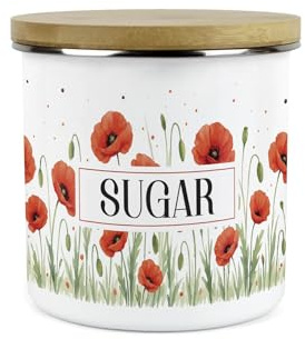 Purely Home Red Summer Poppies Sugar Canister - Poppy Patterned Floral Homewares Gifts - 1.2L Enamel Hot Drinks/Food Kitchen Storage Container