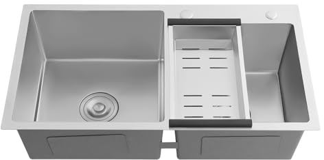 DOPBENT Fregadero doble de 37 x 38 cm, cuadrado con escurridor, de acero inoxidable, con desagüe para restaurante, lavandería