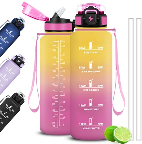 Mujigaga Botella Agua 1 5 litros, Botella Agua Gimnasio, a Prueba de Fugas y, Cantimplora Deportiva, Cantimplora con Marcador de Tiempo con pajita para Running, Oficina