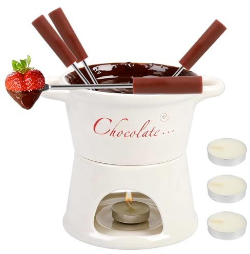 BigKing Schokoladen- und Käse-Tiegel, 300 ml, Schokoladenfondue aus Keramik mit 4 Gabeln und 4 Teelichtern, abnehmbar, Mini-Fondue-Tasse für Zuhause, Restaurant und Café