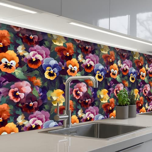 KitchenYeah© Splashback for kitchen 24x79 / 60x200 cm self-adhesive Sink Splash Splatter Guard Splashbacks Walls Violets - Colors - Petals