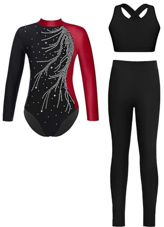 Miutii 3Pcs Mädchen Turnanzug Langarm Glitzer Gymnastikanzug Ballettanzug + Sport BH Tops + Hose Gymnastik Leotard Wettbewerb Tanzkostüm