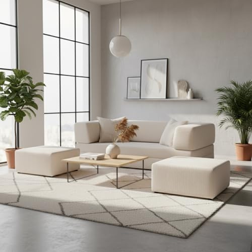 BUGAJSKI Schlafsofa mit Hocker & Kissen 186×200 cm 4-Sitzer Couch mit Schlaffunktion Liegefläche Sofa mit Stauraum Premium Bezug & Holzgestell
