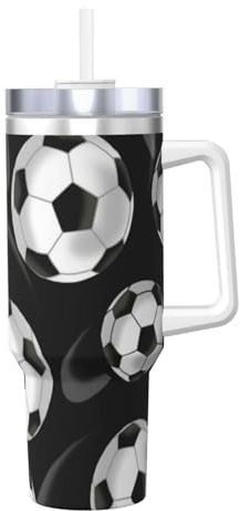 ALLiYa Soccer Black 40oz Ice Bully with Handle Travel Mug Hot & Cold Drinks Coffee Daily Household Use