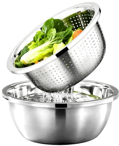 CEWROM Set di 2 scolapiatti e scolapiatti in acciaio inox, impilabili, con ciotola, per lavare pasta, frutta, verdura, resistente e lavabile in lavastoviglie (22 cm)