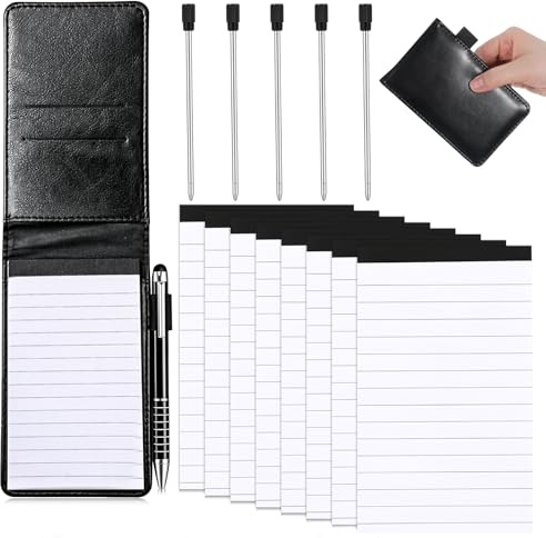 SULIKJHUI 15 Stück Mini Notizblock A7 Set, PU Leder Notizbuch für Unterwegs | mit 8 Ersatzblöcken, Kugelschreiber, Inkl. 5 Ersatzminen, Pocket Notebook, Schwarz