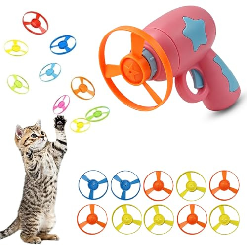 Gamrong Jouet interactif pour chat avec 1 lanceur rose et 10 hélices volantes colorées pour chat, jouet d'intelligence pour chat, jouet de récupération pour chat, jouet pour entraînement et chasse