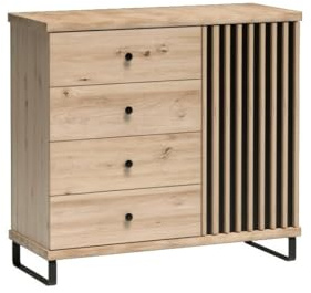 Masseno Kommode ALMERIA 101,6 cm Sideboard mit 4 Schubladen und Türen für Wohnzimmer Schlafzimmer Modern 101,6x40,6x85,4 cm Eiche Artisan