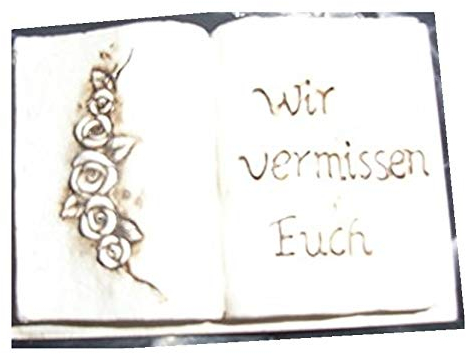 Reinhold 1 x Grabschmuck Buch mit Rosenranke 9,5 x 6,5 cm und Inschrift Wir vermissen Euch Liegend und zum Aufstellen, Floristen