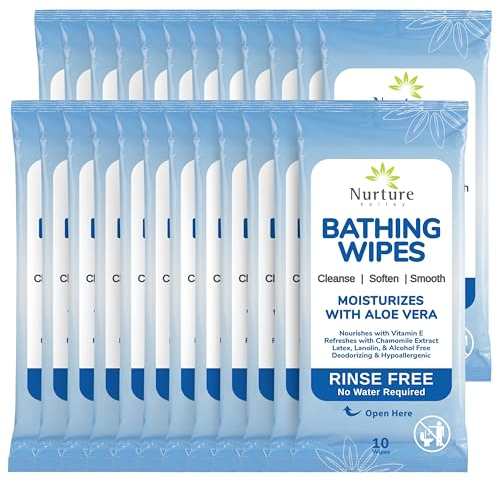 Nurture Valley Rinse Free Bathing Wipes | 192 Microwavable Adult Wash Cloths with Aloe Vera and Vitamin E - No Water Cleansing Bath Wipes - 24 Packs of 8 Wipes