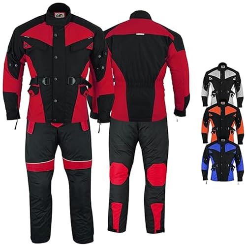German Wear Herren Motorradkombi 2-teilig, Cordura Textil mit CE-Protektoren, 4-Lagen-System, herausnehmbarem Innenfutter, reflektierend, Motorradjacke & Hose für Touring, Rot- 54