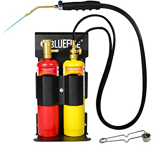 BLUEFIRE Oxypropane Welding Gas Cutting Torch Kit with Flint Lighter and Cylinder Holder Rack - For Jewelers Hvac Map Gas Torch Kit Brazing Mapp Gas Torch, Soldering Oxy Acetylene Torch Kit