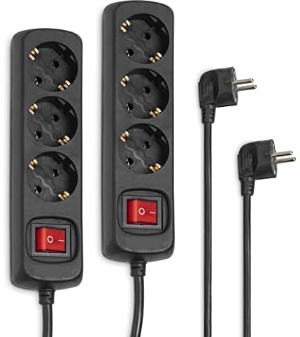 Hama 2er-Set Steckdosenleiste 3-fach (2x Mehrfachsteckdose mit Schalter zum Stromsparen, Steckplätze 45 Grad gedreht, Kabel 1,4m, GS geprüft) Schwarz
