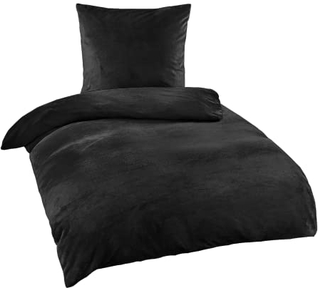 BaSaTex Cashmere Touch Plüsch Winter Bettwäsche Set | warme Nicky Teddy Flausch Qualitäts-Bettwäsche | 135x200 Deckenbezug + 80x80 cm Kissenbezug | Farbe: Schwarz
