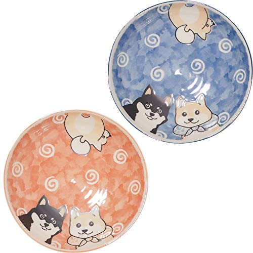 MINORU TOUKI minoware Shiba Inu Dog Design Shallow Bowl 2-Color Set (Pink Blue) Made in Japan